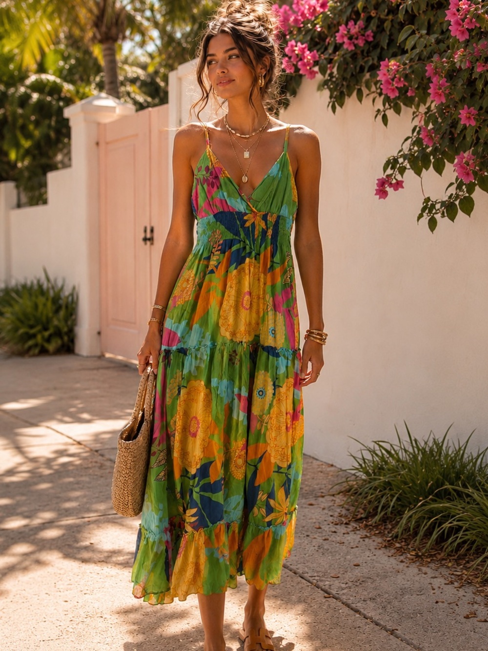 Tropical Floral Cotton Smocked Maxi Sundress Boho Resort Summer Vacation Size S